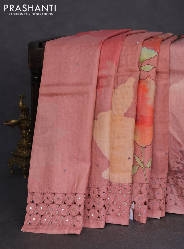 Pure tussar silk saree peach shade with floral digital prints and cut work border