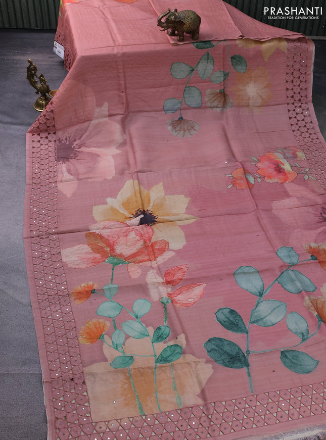 Pure tussar silk saree peach shade with floral digital prints and cut work border