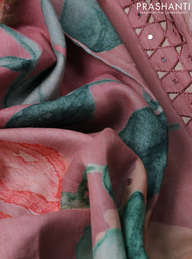 Pure tussar silk saree peach shade with floral digital prints and cut work border