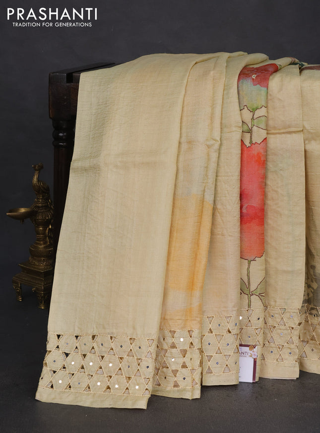 Pure tussar silk saree pale yellow with floral digital prints and cut work border