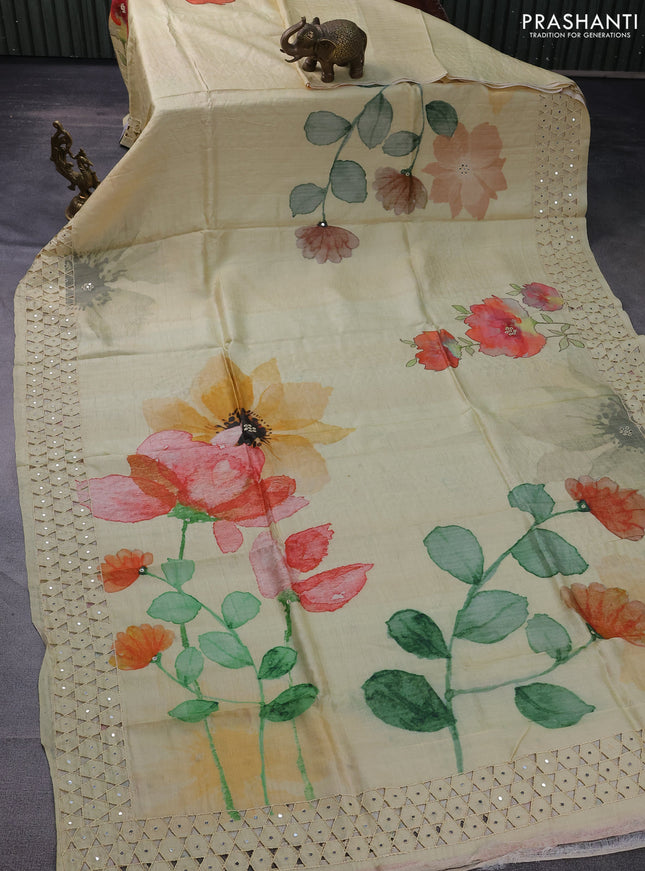 Pure tussar silk saree pale yellow with floral digital prints and cut work border