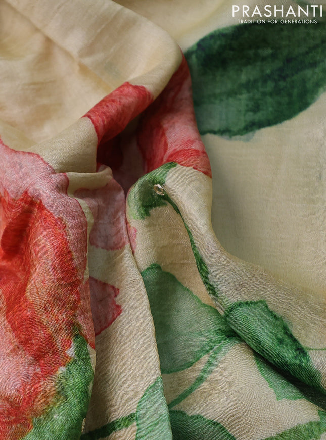 Pure tussar silk saree pale yellow with floral digital prints and cut work border