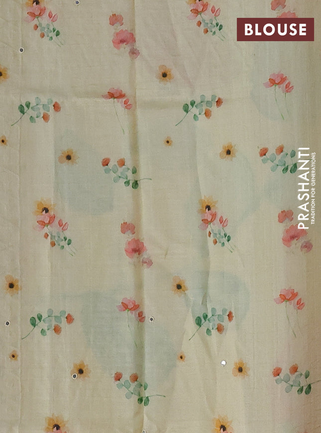 Pure tussar silk saree pale yellow with floral digital prints and cut work border