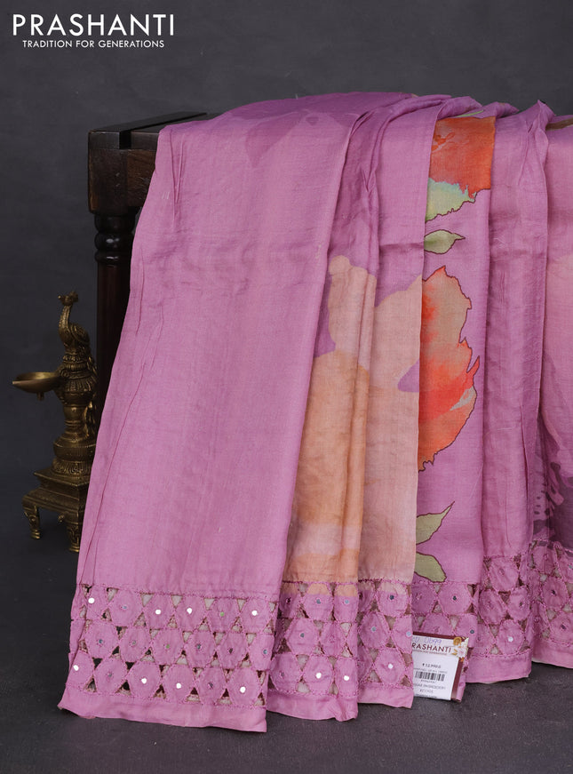 Pure tussar silk saree lotus pink with floral digital prints and cut work border