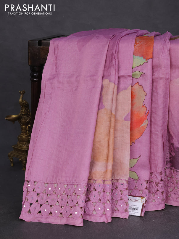 Pure tussar silk saree lotus pink with floral digital prints and cut work border