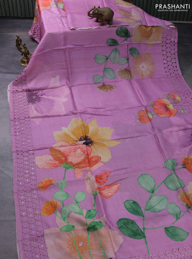 Pure tussar silk saree lotus pink with floral digital prints and cut work border