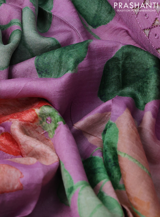 Pure tussar silk saree lotus pink with floral digital prints and cut work border