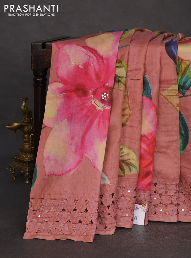 Pure tussar silk saree peach shade with floral digital prints and cut work border