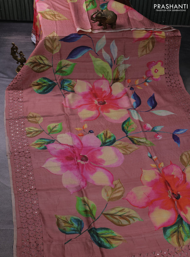 Pure tussar silk saree peach shade with floral digital prints and cut work border