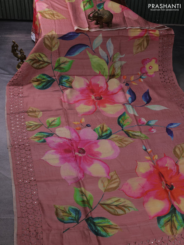 Pure tussar silk saree peach shade with floral digital prints and cut work border