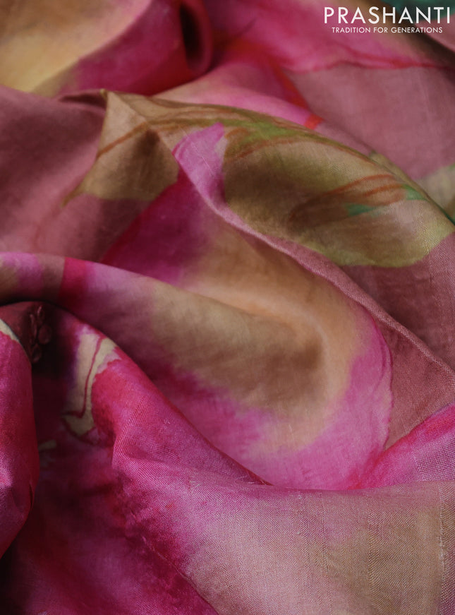 Pure tussar silk saree peach shade with floral digital prints and cut work border