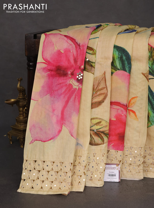Pure tussar silk saree pale yellow with floral digital prints and cut work border