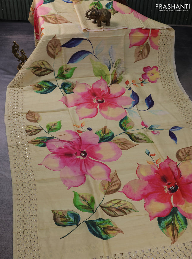 Pure tussar silk saree pale yellow with floral digital prints and cut work border