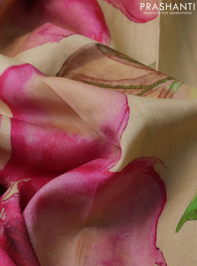 Pure tussar silk saree pale yellow with floral digital prints and cut work border