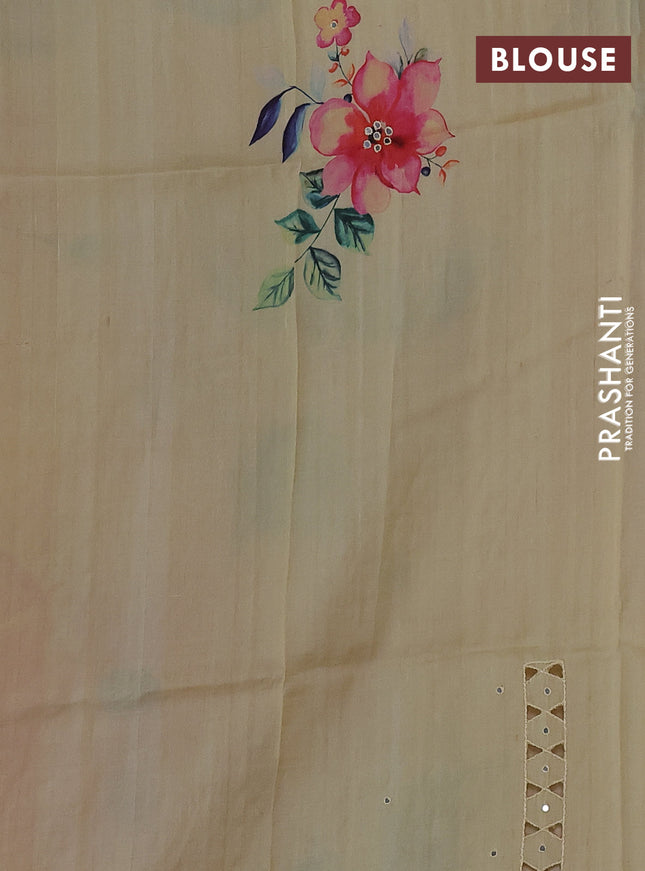 Pure tussar silk saree pale yellow with floral digital prints and cut work border