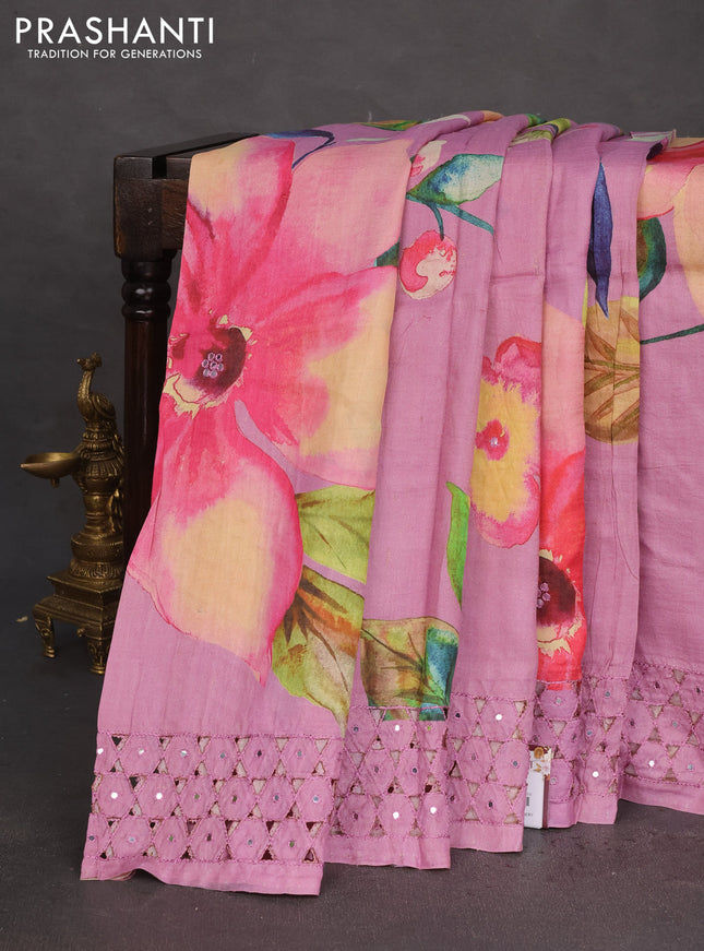 Pure tussar silk saree pastel pink with floral digital prints and cut work border