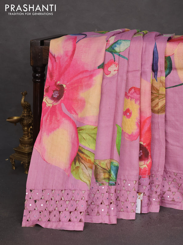 Pure tussar silk saree pastel pink with floral digital prints and cut work border