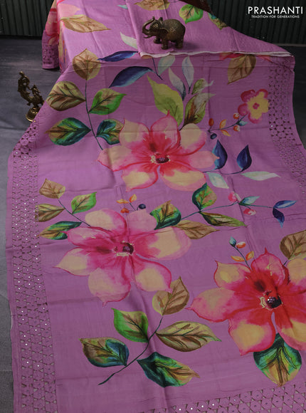Pure tussar silk saree pastel pink with floral digital prints and cut work border