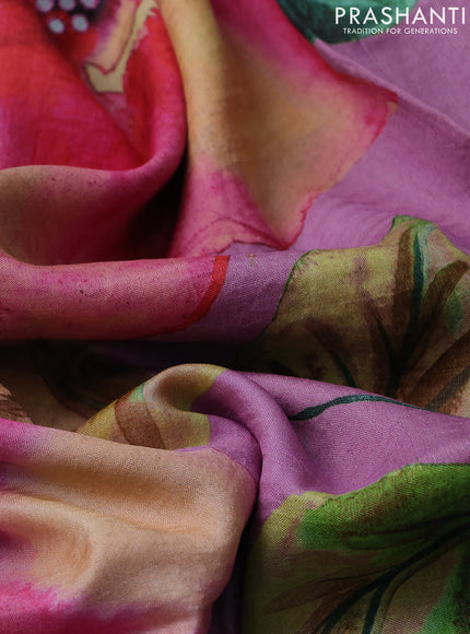 Pure tussar silk saree pastel pink with floral digital prints and cut work border