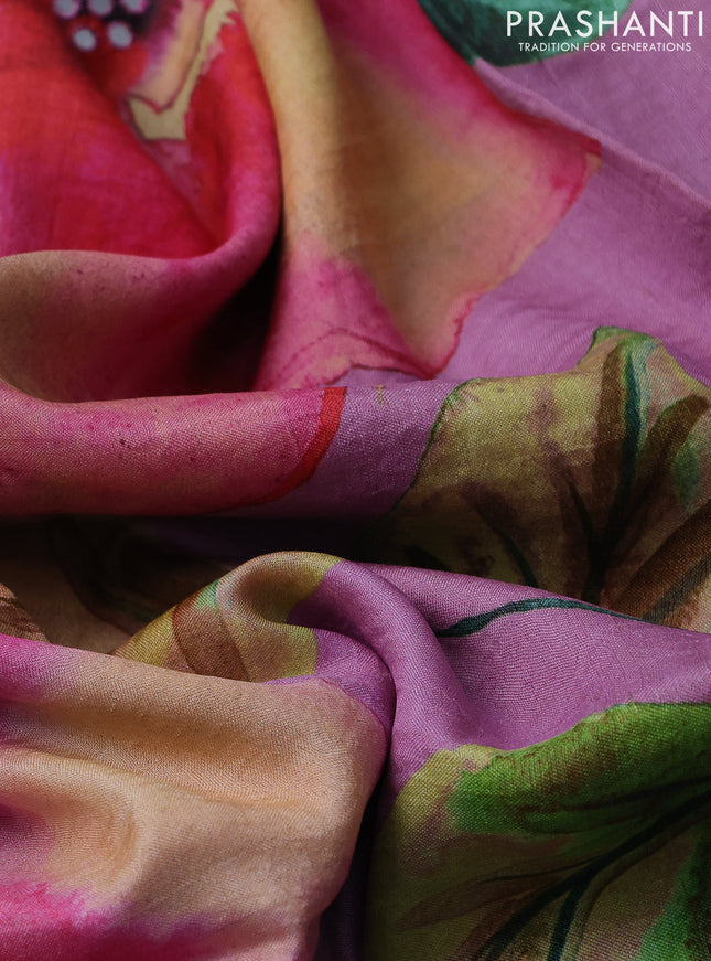 Pure tussar silk saree pastel pink with floral digital prints and cut work border