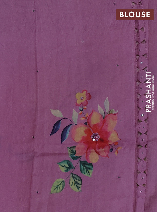 Pure tussar silk saree pastel pink with floral digital prints and cut work border