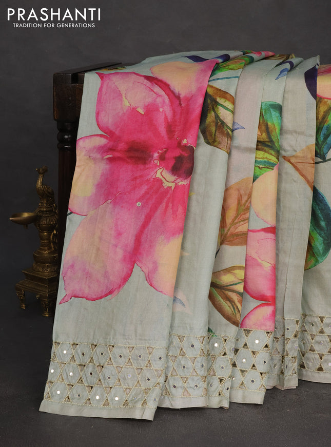 Pure tussar silk saree pastel green with floral digital prints and cut work border