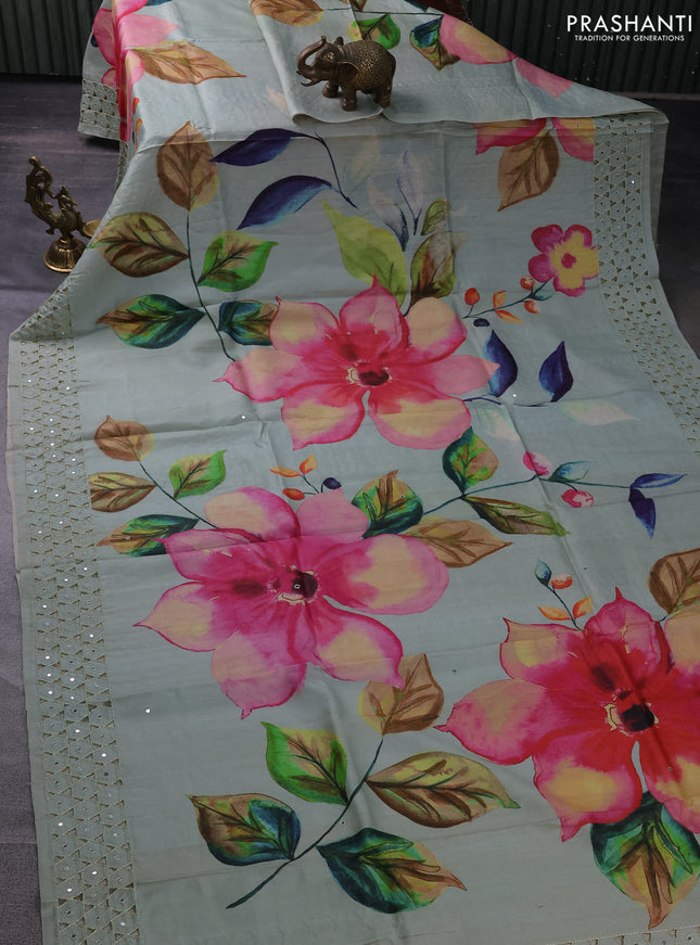 Pure tussar silk saree pastel green with floral digital prints and cut work border