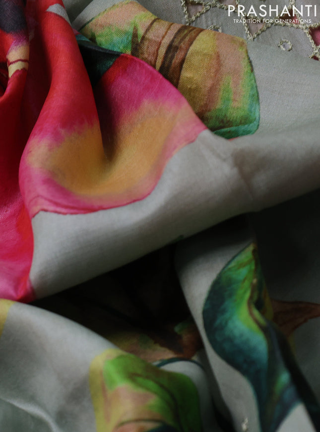 Pure tussar silk saree pastel green with floral digital prints and cut work border