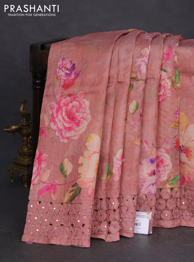 Pure tussar silk saree peach shade with floral digital prints and cut work border