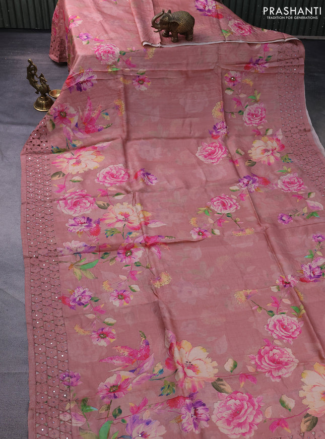 Pure tussar silk saree peach shade with floral digital prints and cut work border
