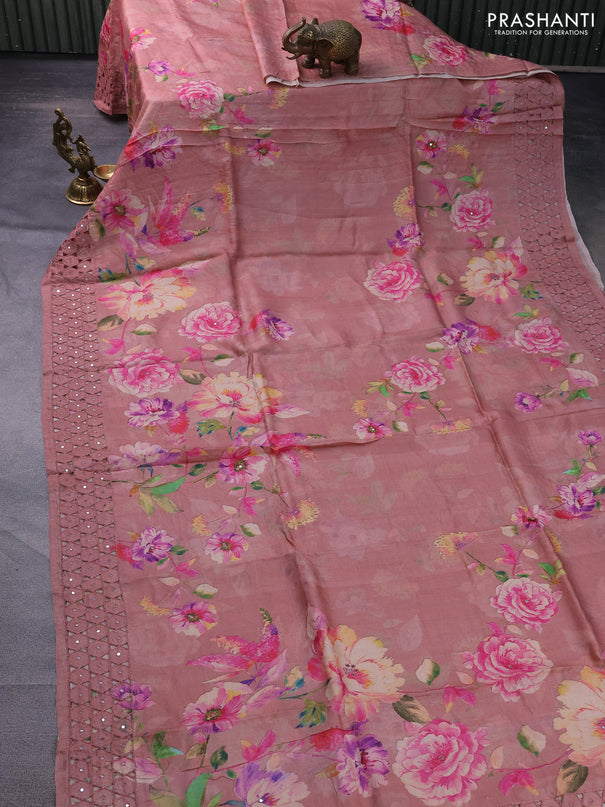 Pure tussar silk saree peach shade with floral digital prints and cut work border