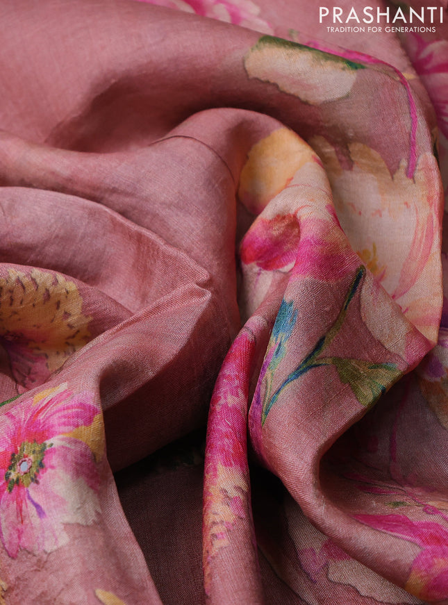 Pure tussar silk saree peach shade with floral digital prints and cut work border