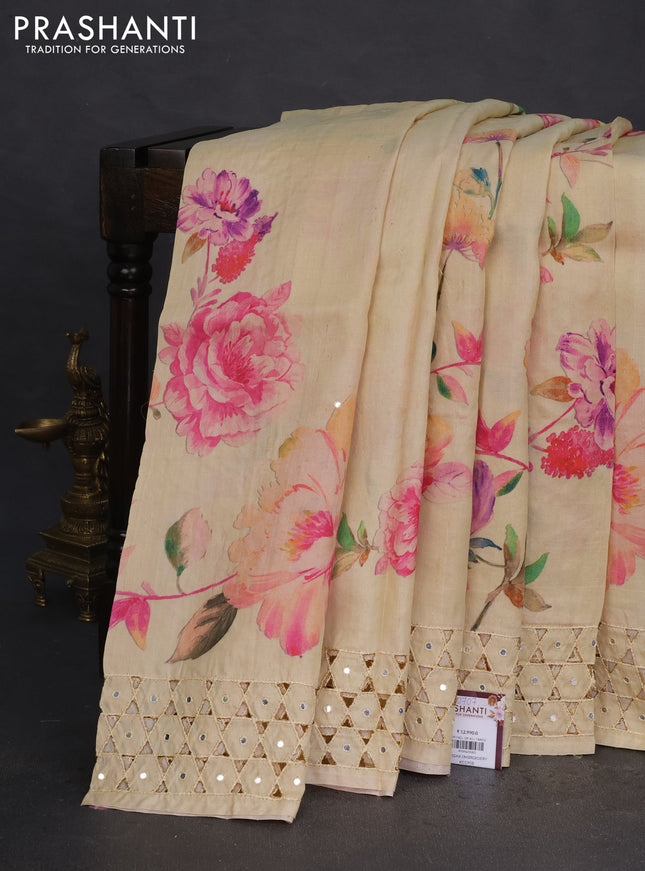 Pure tussar silk saree sandal with floral digital prints and cut work border