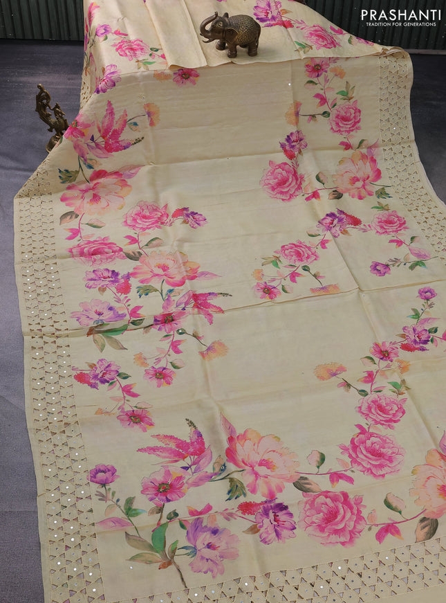 Pure tussar silk saree sandal with floral digital prints and cut work border