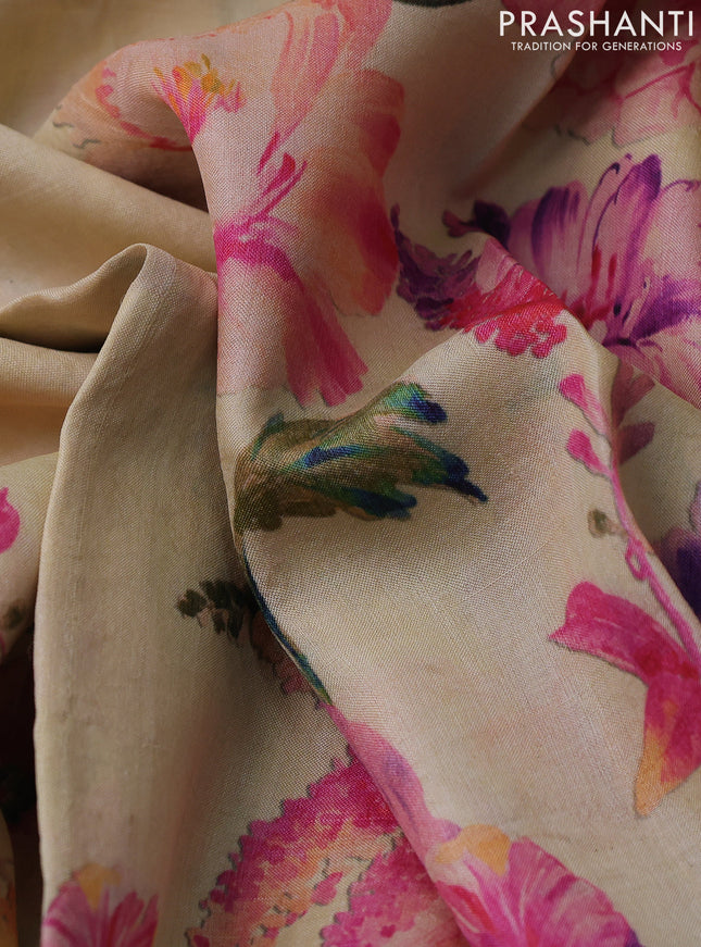 Pure tussar silk saree sandal with floral digital prints and cut work border