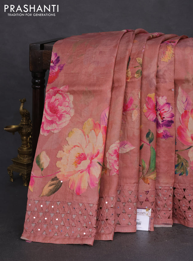 Pure tussar silk saree peach shade with floral digital prints and cut work border