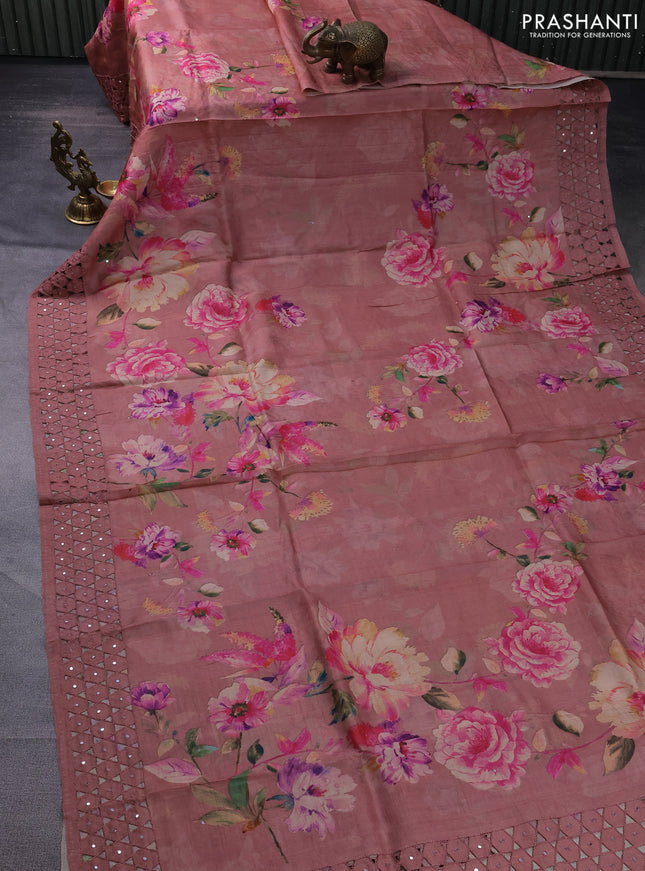 Pure tussar silk saree peach shade with floral digital prints and cut work border