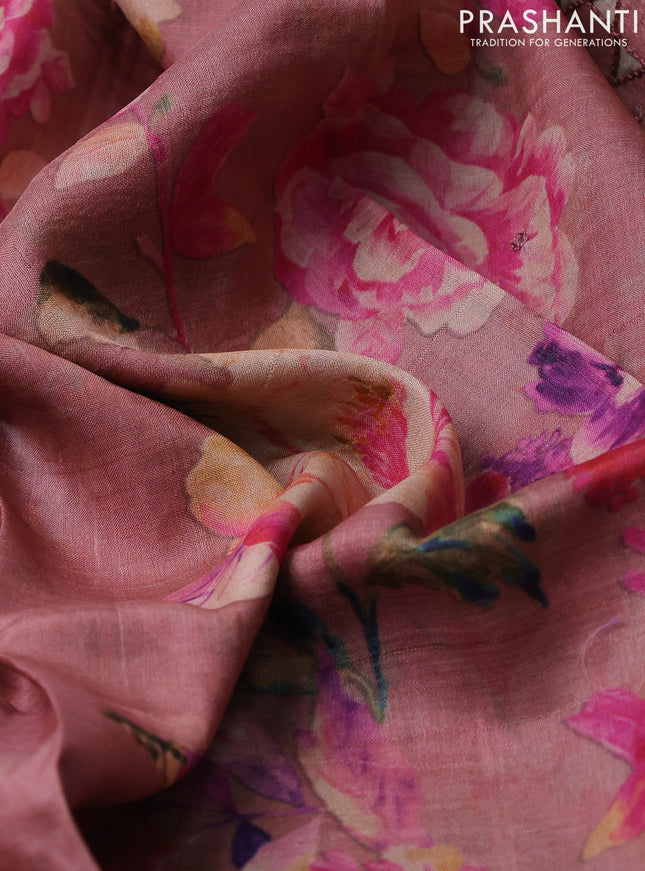 Pure tussar silk saree peach shade with floral digital prints and cut work border