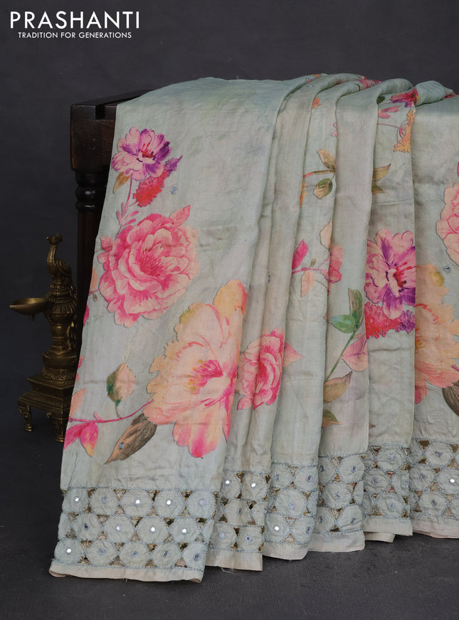 Pure tussar silk saree pastel green with floral digital prints and cut work border