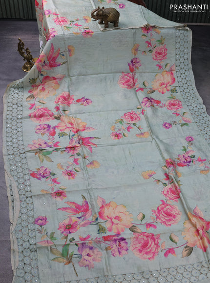 Pure tussar silk saree pastel green with floral digital prints and cut work border