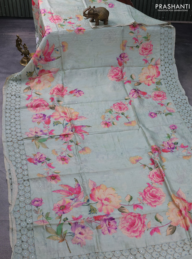 Pure tussar silk saree pastel green with floral digital prints and cut work border