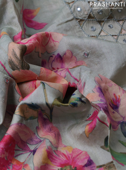 Pure tussar silk saree pastel green with floral digital prints and cut work border