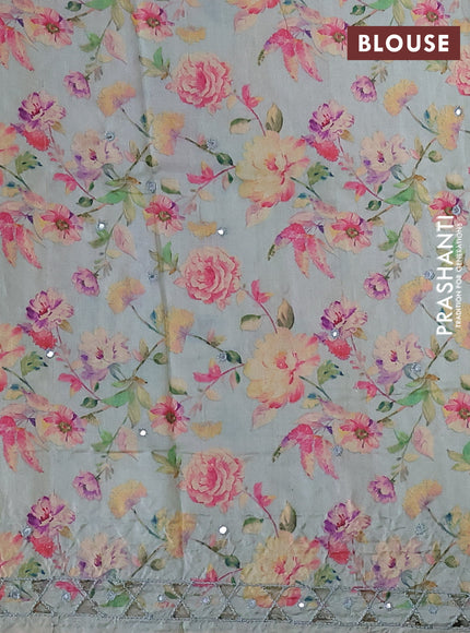 Pure tussar silk saree pastel green with floral digital prints and cut work border