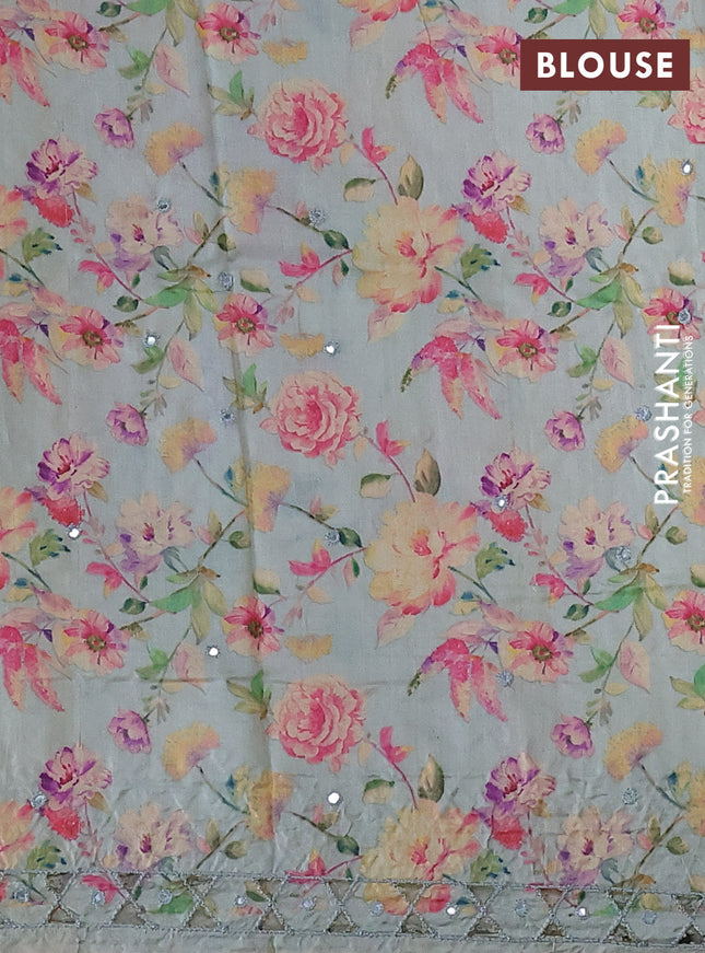 Pure tussar silk saree pastel green with floral digital prints and cut work border