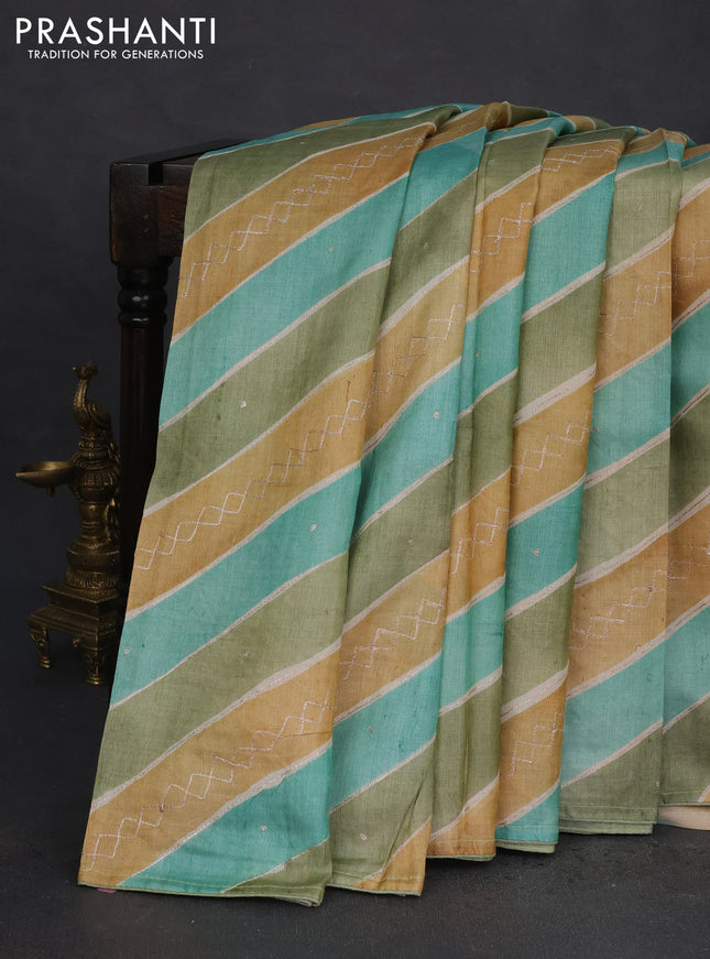 Pure tussar silk saree multi colour with stripes pattern & pita work and embroidery pallu