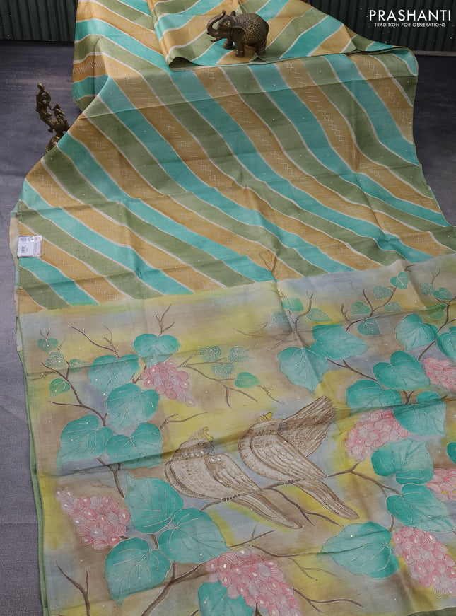 Pure tussar silk saree multi colour with stripes pattern & pita work and embroidery pallu