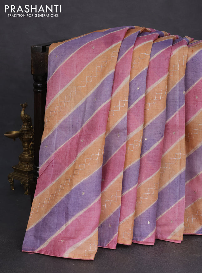 Pure tussar silk saree multi colour and rust with stripes pattern & pita work and embroidery pallu