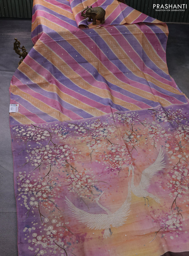 Pure tussar silk saree multi colour and rust with stripes pattern & pita work and embroidery pallu