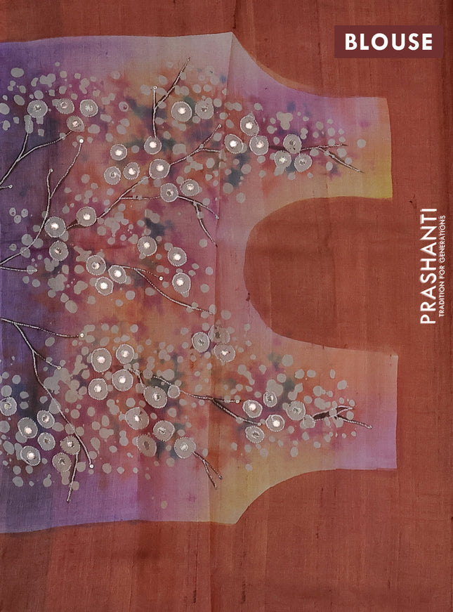 Pure tussar silk saree multi colour and rust with stripes pattern & pita work and embroidery pallu