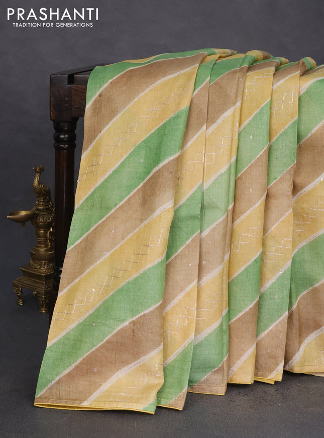 Pure tussar silk saree multi colour with stripes pattern & pita work and embroidery pallu